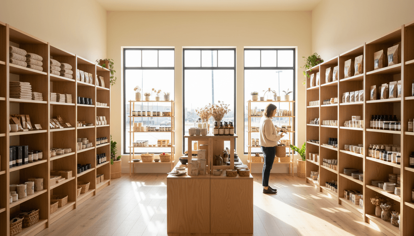 Interior of Thelmas Shops showing curated products on shelves with a customer browsing