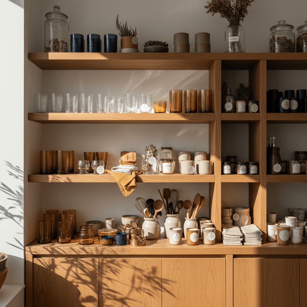 Curated product selection on shelves at Thelmas Shops