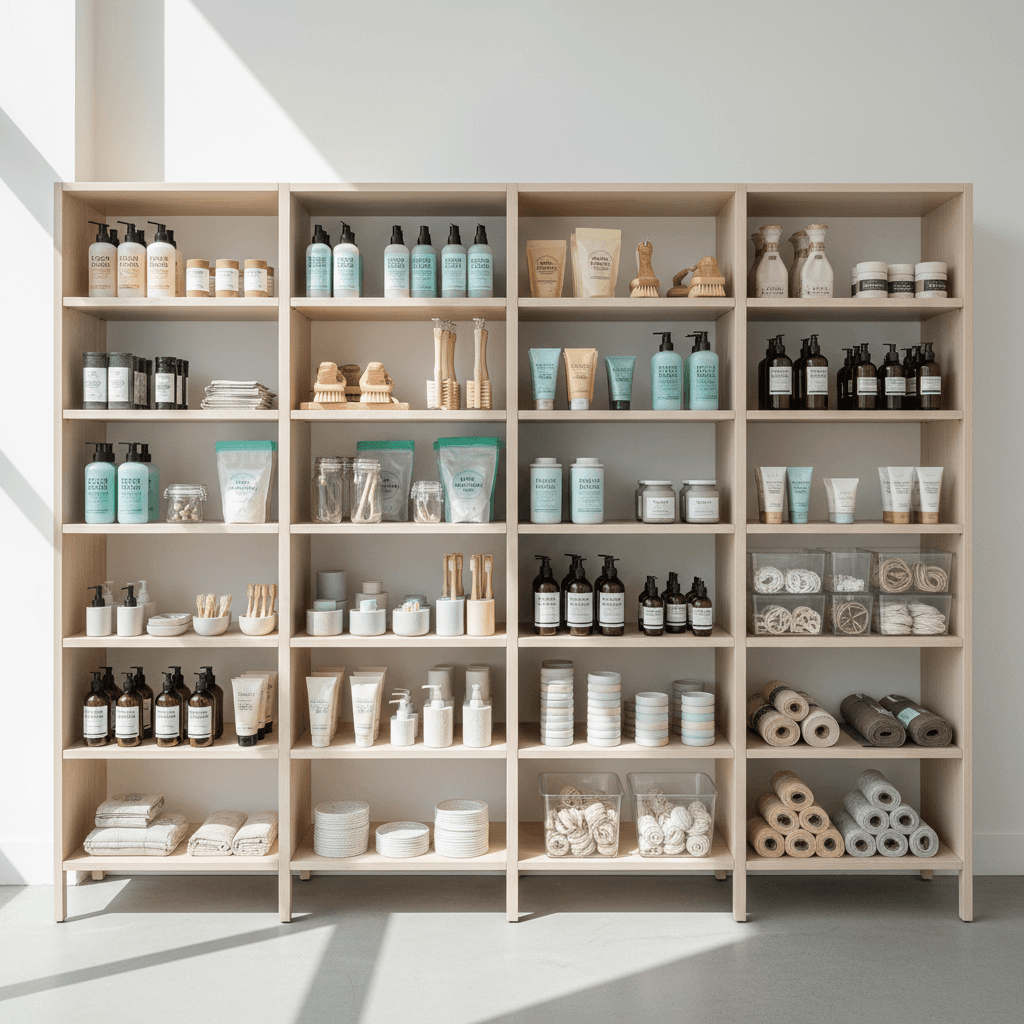 Organized retail shelf with household products