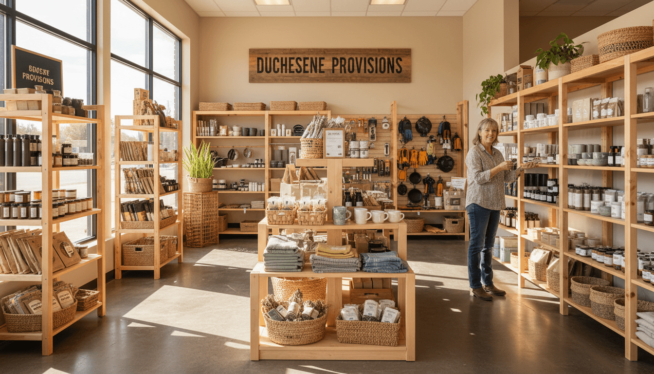 Warm-lit community retail space with curated products on wooden shelves